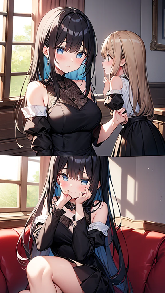 ((masterpiece)), (Highest quality、32k), (Simple style), (Faceless,Face peeling), 2 Girls, The maid and the faceless young lady, Big Breasts, Big Swing Chest, Wearing a face stolen from someone else, Sexy body, Sleeveless, No sleeve, Off the shoulder, Black Dress, Pleated lace, Lace dress, black knee socks. Standing, whole body, both hands touch the face, Luxurious Room, {{A young lady who used her face-peeling ability to peel off the face of a young lady, leaving her face blank, and a maid who transplanted the peeled face onto her own face.}}, Browsing Caution