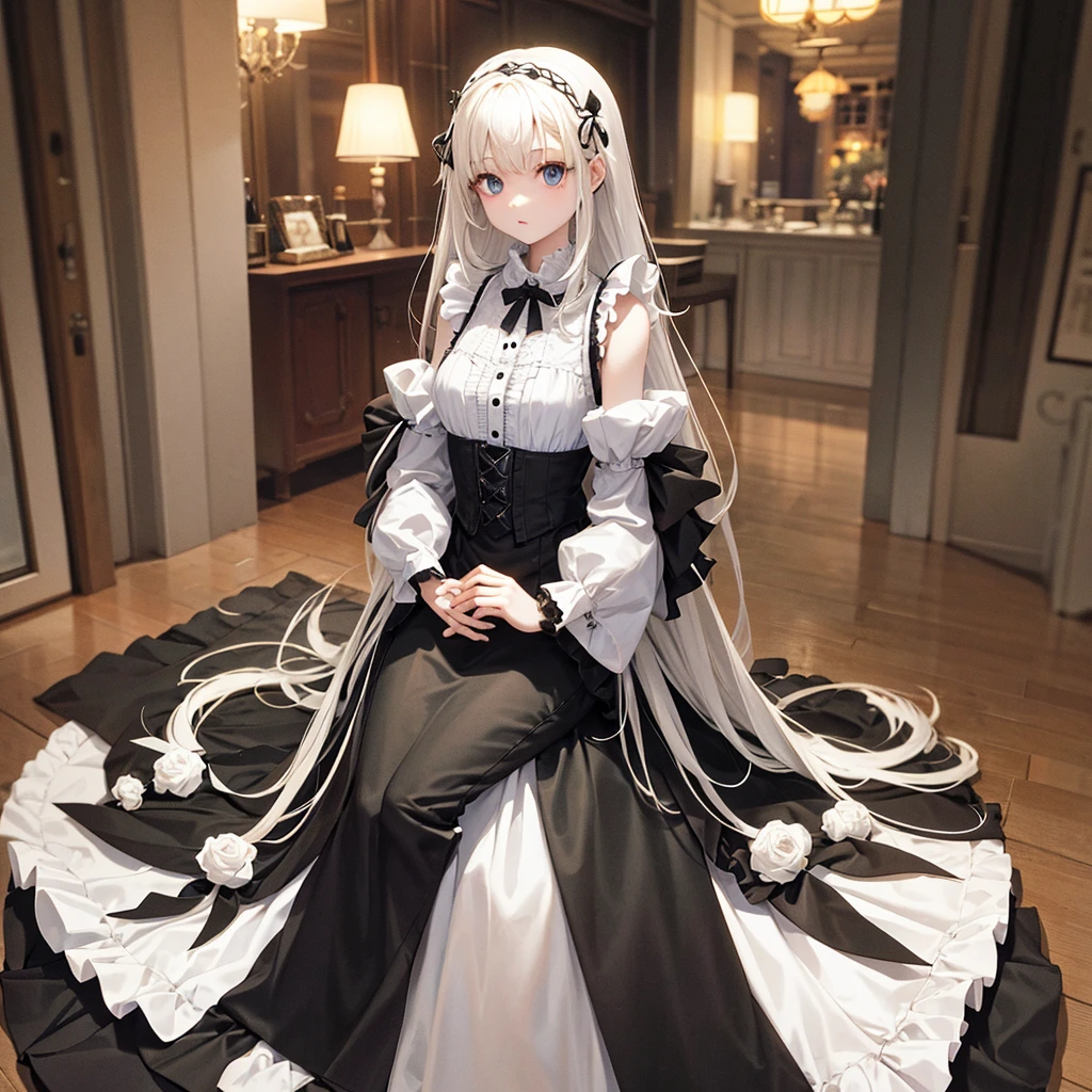alone、1 girl、doll-joints、full body portrait、White gothic clothing、sleeveless、sit down、white skin