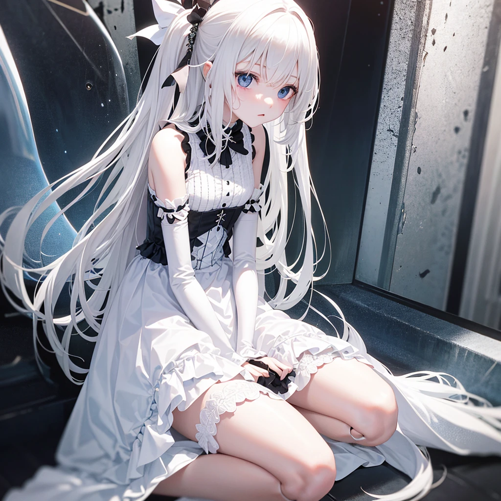 alone、1 girl、doll-joints、full body portrait、White gothic clothing、sleeveless、sit down、white skin