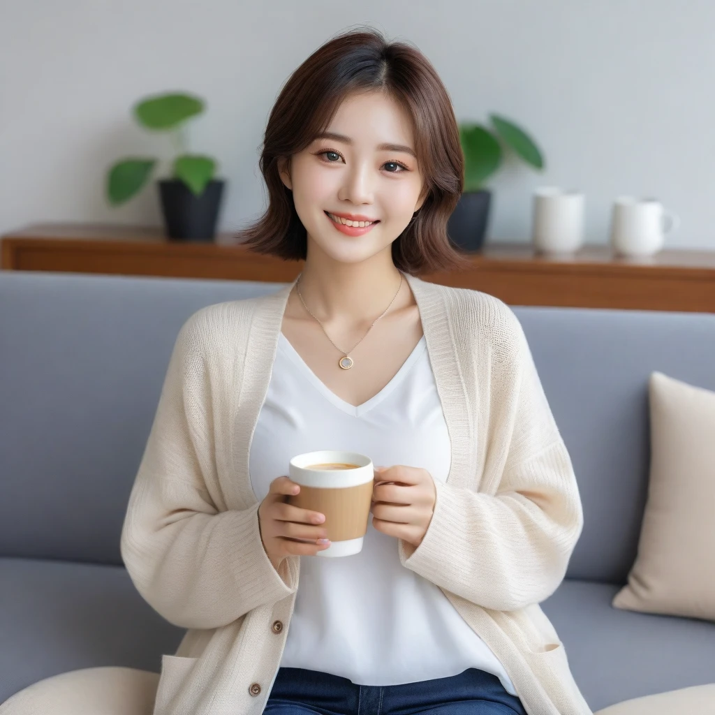 Beautiful Korean Woman , 32 inch chest size, Your eyes are big and pretty. Wearing a cardigan with a blouse, casual pants, short medium hair, Smile. necklace, sit on the sofa and drink coffee, porcelain coffee cup, uhd
