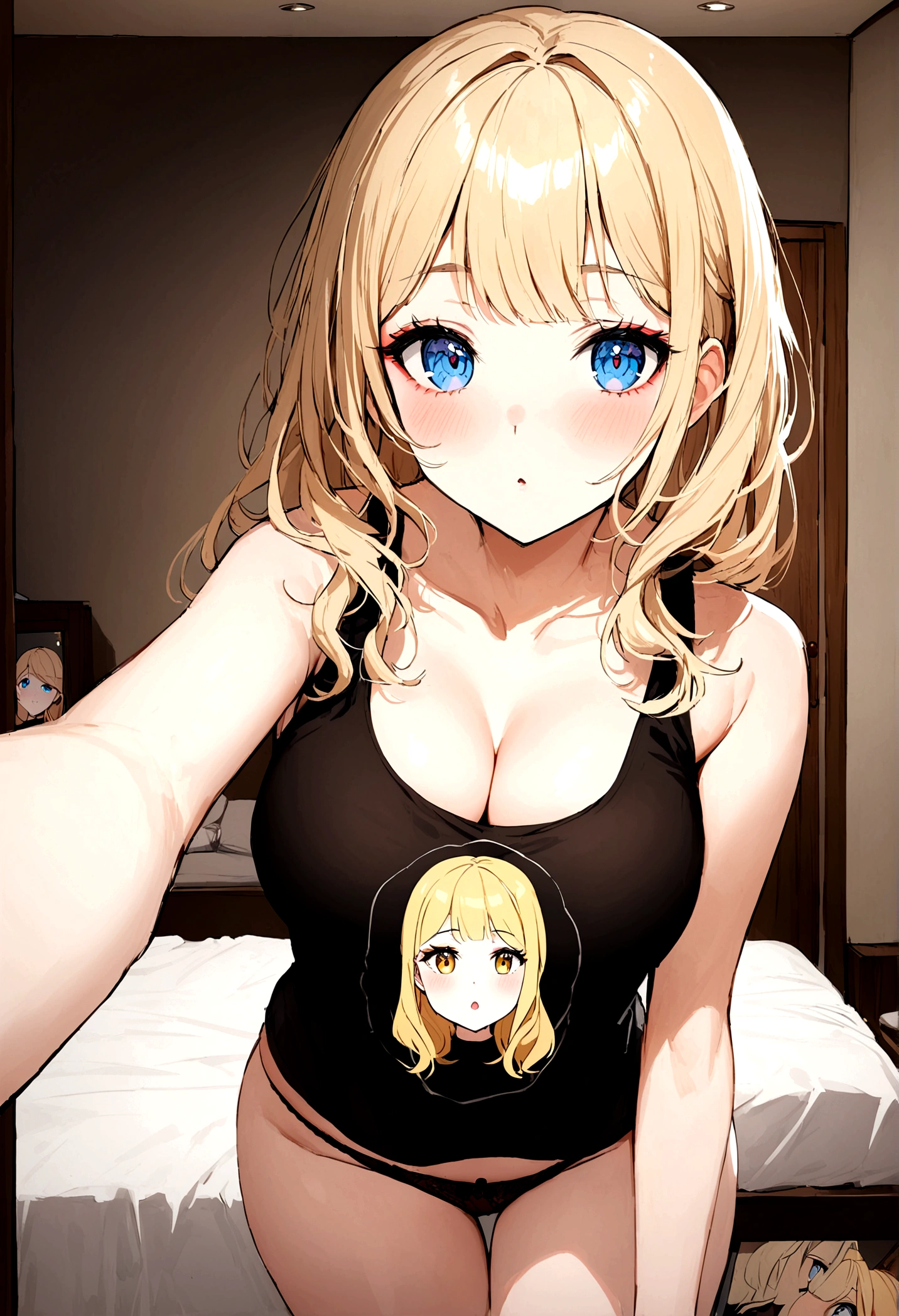 woman with matching tank top and panties, with blue eyes, portrait sophie mudd, portrait corinna kopf, blonde hair and large eyes, selfie of a young woman, Augen in bedroom, Violet Myers, ohne Make-up, Natural makeup, looking straight into camera, Face with Artgram, subtle make-up, Stunning full body shot, in bedroom, Cleavage