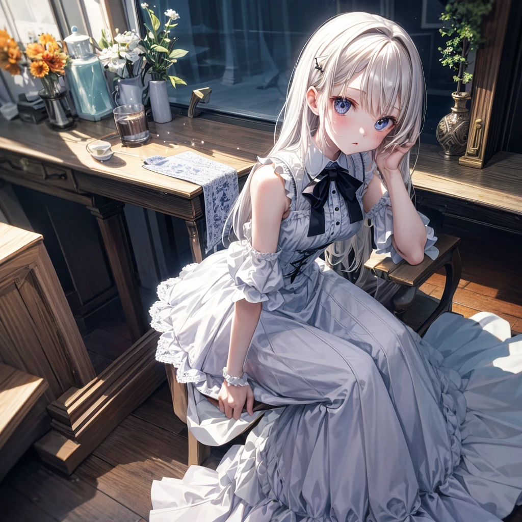 alone、1 girl、doll-joints、full body portrait、White gothic clothing、sleeveless、sit down、white skin