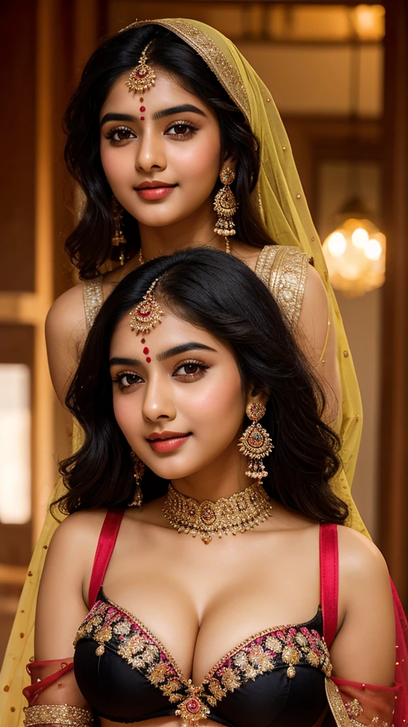 beautiful indian girl, lovely cute face,19 year , solo, beautiful detailed eyes and full body, black hair, bright skin ,wearing bra, big round (dupatta covering her big round boobs), a sexy