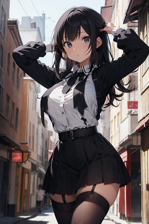 creates an anime girl with a short skirt with her hands up, 24 years old, wearing black stockings and a white blouse with a low neckline in a landscape of a luxurious apartment with wide hips and large breasts.