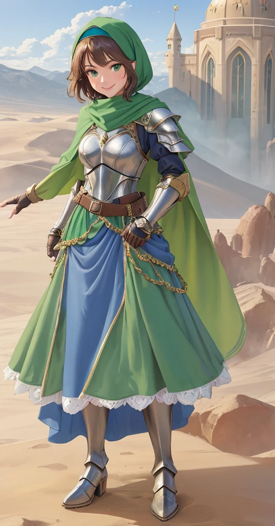 masterpiece, best quality:1.2), 1girl, smile, looking at viewer, green eyes, short brown hair, princess, armor, blue hijab headscarf, pauldrons, armored dress, green cloak cape, wearing puffy blue ballgown skirt, armored boots, fingerless gloves, standing in front of desert castle