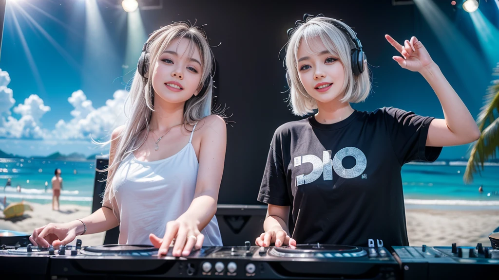 (ultra - detailed, 16K resolution, Cinema lenses, rendering by octane), (high resolution:1.18), intricate detail, (masterpiece:1.1), (highest quality:1.1), (1girl, portrait, white hair, blue eyes, short hair, detailed eyes),Wearing silver DJ headphones, sequined T-shirt, (in the beach:1.5), (Iconic hip-hop pop costumes:1.3), Smile while DJing on stage, DJ studio next to the beach, ((A stylish DJ stage on a hill overlooking the beach)), full body shot, Photorealistic photography by Sunshine, (cute round face:1.3), perfect fingers, five fingers, beautiful hands, perfect hands. master peace, cute smile.