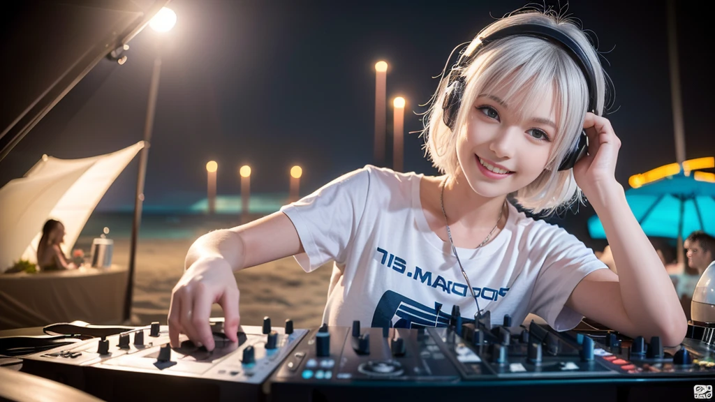 (ultra - detailed, 16K resolution, Cinema lenses, rendering by octane), (high resolution:1.18), intricate detail, (masterpiece:1.1), (highest quality:1.1), (1girl, portrait, white hair, blue eyes, short hair, detailed eyes),Wearing silver DJ headphones, Shiny silver sequined T-shirt, (in the beach:1.5), (Iconic hip-hop pop costumes:1.3), Smile while DJing on stage, DJ studio next to the beach, ((A stylish DJ stage on a hill overlooking the beach)), full body shot, Photorealistic photography by Sunshine, (cute round face:1.3), perfect fingers, five fingers, beautiful hands, perfect hands. master peace, cute smile.
