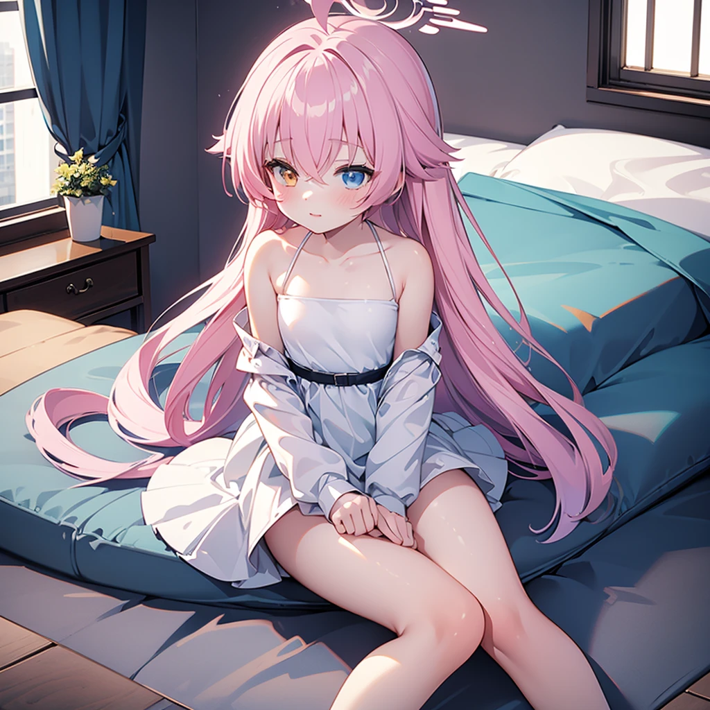 ((masterpiece)), ((Best Quality)), (Ultra-detailed), Anime style, Cute , 1girl in, Solo, 8k, sitting on the bed, young girl , flat chest, bare shoulders , shy girl