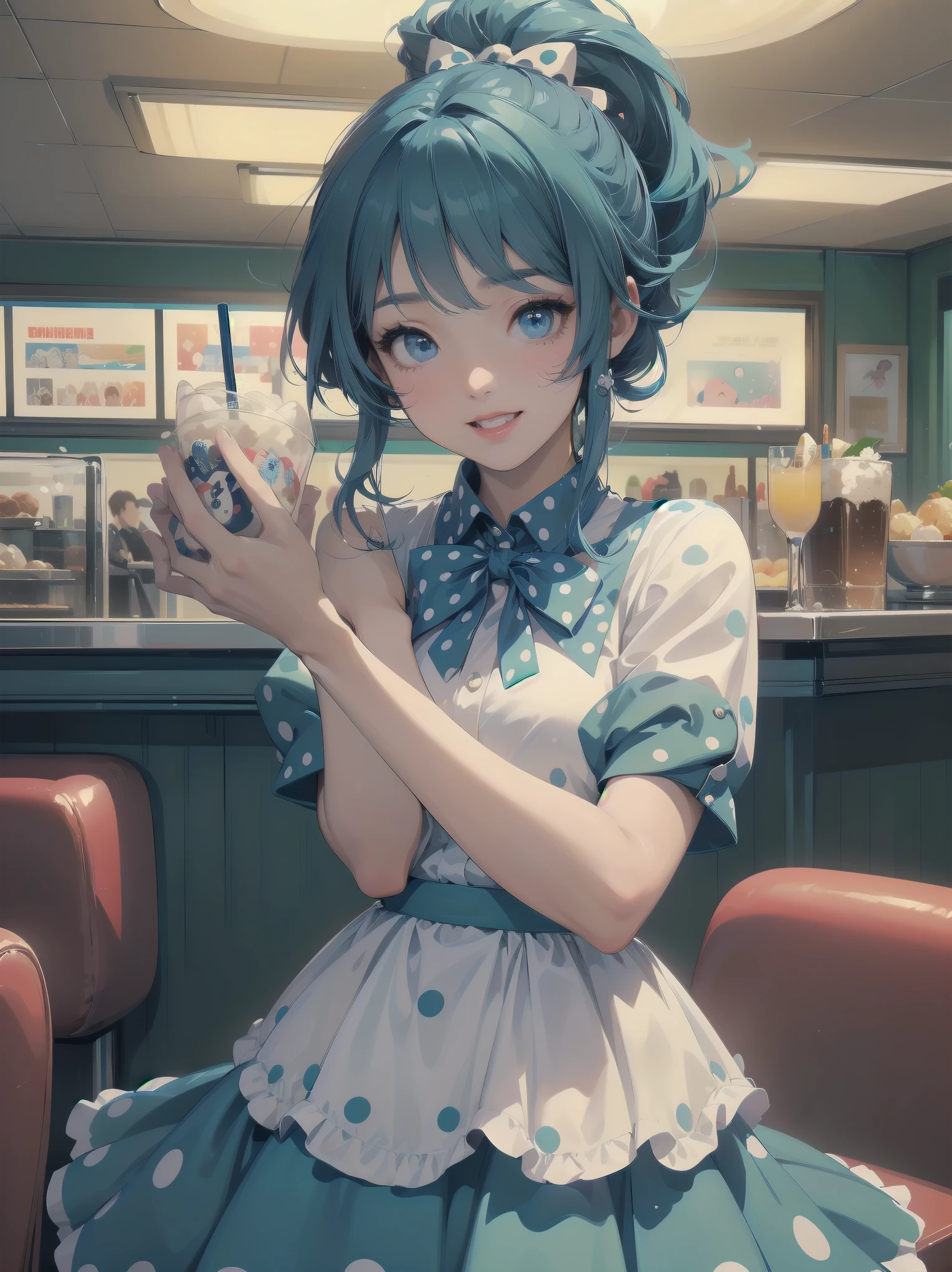 (masterpiece: 1.2)、(Highest quality: 1.2)、Highest resolution、Very detailed。BREAK. ((Anime girl in cute retro style uniform))、Transparent Girl、(1、Hilarious、 years old: 1.3)、Bright smile、Energetic pose、High ponytail、Shining Eyes、Small build、(Highest quality: 1.2)、Very high resolution、Very detailed。Expressive eyes、Beautifully detailed lips、High resolution detailed hair、Perfect Face、Rosy Cheeks、Moving Hands、Perfect lighting。BREAK. ((Polka dot retro style uniform))、((white blouse with peter pan collar、Blue polka dot skirt: 1.3))、Cat shaped button、Ankle socks、Saddle Shoes。BREAK. (1950s-style diner)、jukebox、Plaid floor、Milkshake、(Composition of cowboy shots: 1.2)。BREAK. ((positive: 1.3))。BREAK。Digital Animation Art、Retro anime style illustration