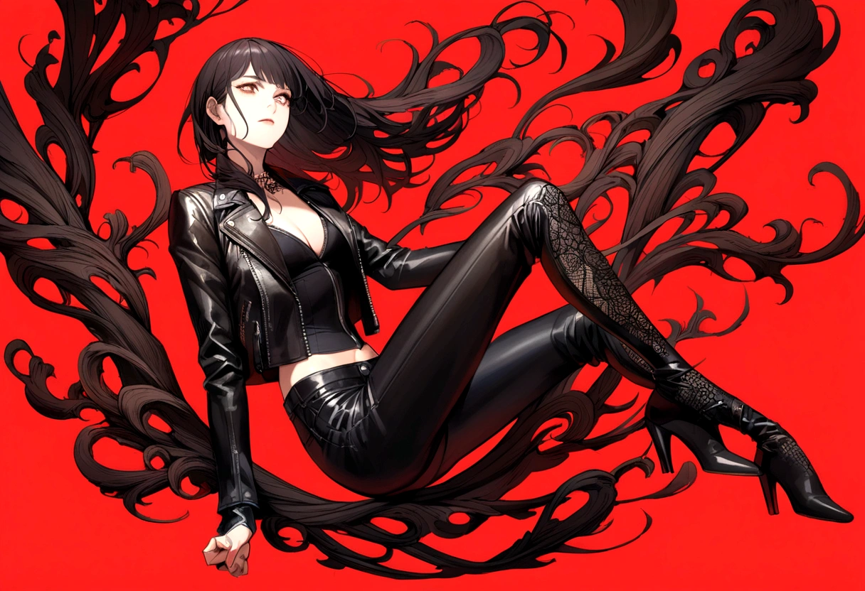 A black-haired girl in flared leather pants and a leather jacket, full body and red background 