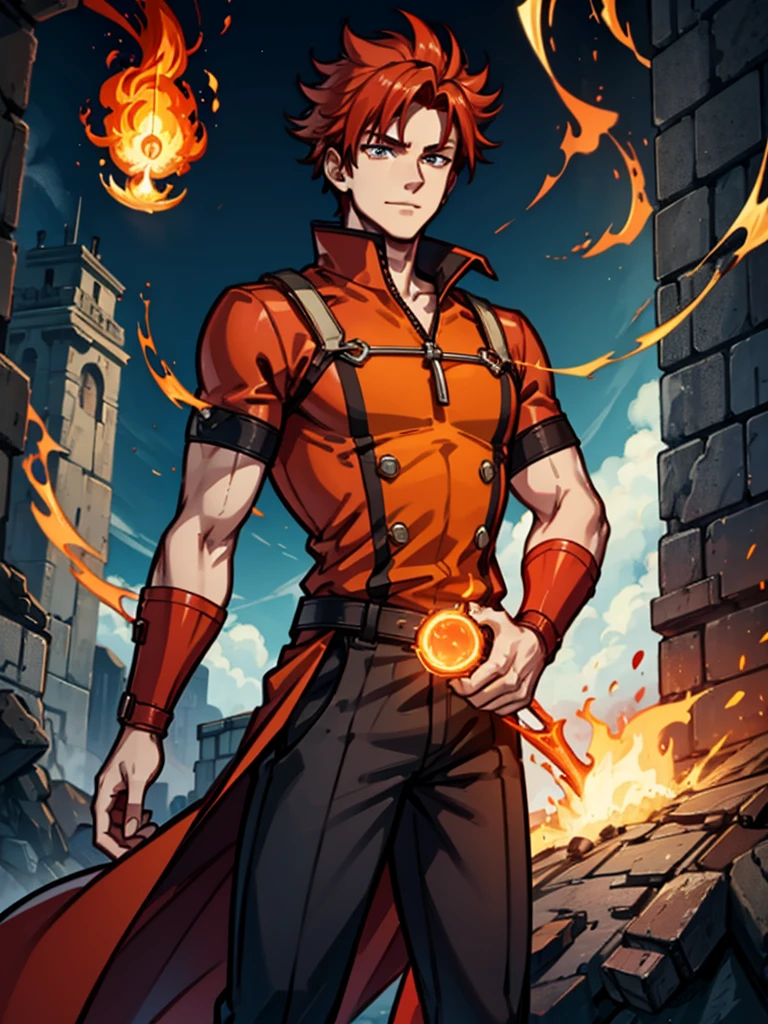A young man,Red hair,flame,Cheerful,Sunlight,Orange clothes,brave,Fire Element,confidence,Standing,Ultra HD,Handsome,Mage