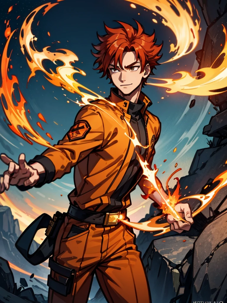 A young man,Red hair,flame,Cheerful,Sunlight,Orange clothes,brave,Fire Element,confidence,Standing,Ultra HD,Handsome,Mage