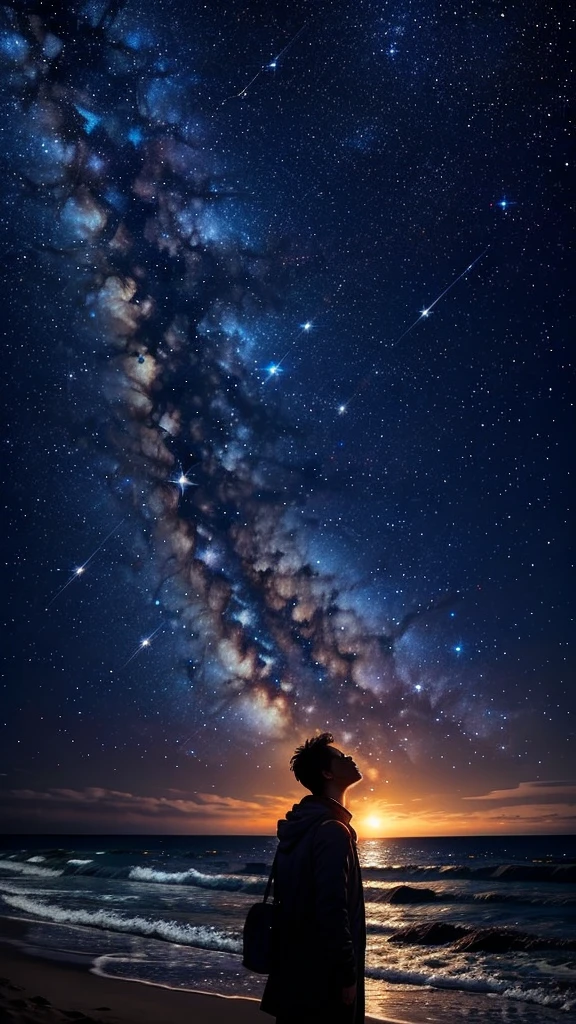 Beautiful starry sky　So many shining stars　shooting star　moon　A small silhouette of a man looking up at the sky from the beach