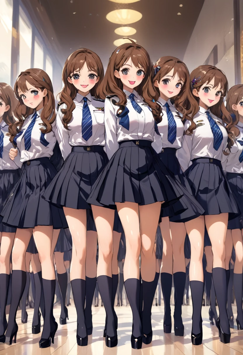 masterpiece, Highest quality, High resolution, 10+girl, crowd, Identical twin sisters, clone, An orderly line of sisters, An orderly line of sisters, Sisters in a row, uniform, Matching outfits, Long Hair, Curly Hair, ponytail, Matching hairstyle, Hazel Eyes, Brown Hair, Black tie, Blue Ribbon, Brown Skirt, salute, smile, indoor, Group shot, whole body, Panty shot, Black high heels