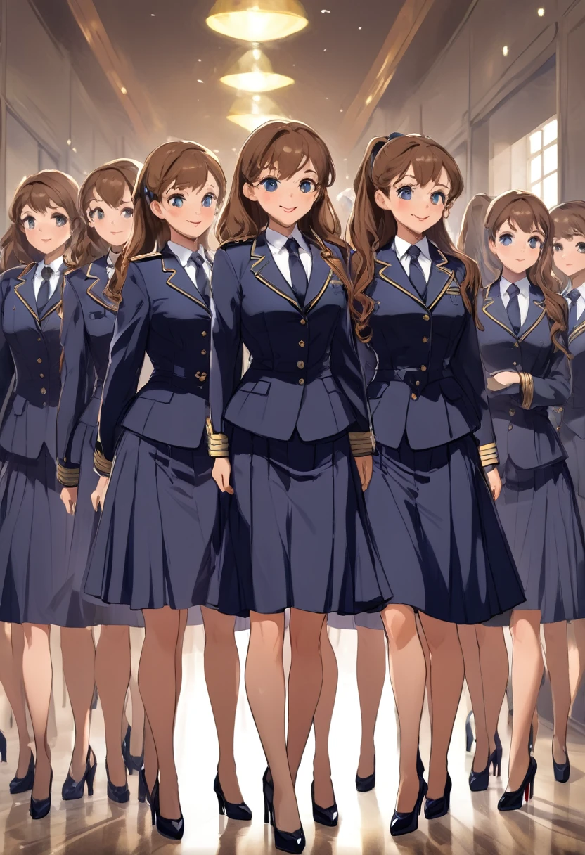 masterpiece, Highest quality, High resolution, 10+girl, crowd, Identical twin sisters, clone, An orderly line of sisters, An orderly line of sisters, Sisters in a row, uniform, Matching outfits, Long Hair, Curly Hair, ponytail, Matching hairstyle, Hazel Eyes, Brown Hair, Black tie, Blue Ribbon, Brown Skirt, salute, smile, indoor, Group shot, whole body, Panty shot, Black high heels