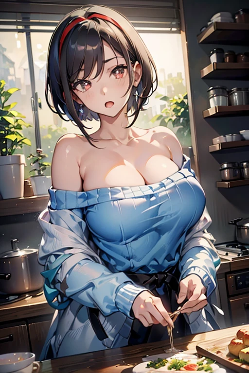 masterpiece, yor, 1girl, Bust A Cup, Amazing Cleavage:1.3, thin waist, big ass, Raised sexy, big breast: 1.2 posed cleavage:1.2、solo, looking at viewer, open mouth, have a cute grass of cute beergrass,black hair, red eyes, dress, bare shoulders, jewelry, collarbone, sidelocks, hairband, earrings, indoors, off shoulder, :o, sweater, arms behind back, plant, short hair with long locks, white hairband, off-shoulder dress, sweater dress, off-shoulder sweater, red sweater, big side hair, very long side hair,is rendered in (masterpiece: 1.2, best quality), with (ultra high resolution) and an exquisite (depth of field). This masterpiece is not only visually stunning but also tells,A scene of cooking in the kitchen
