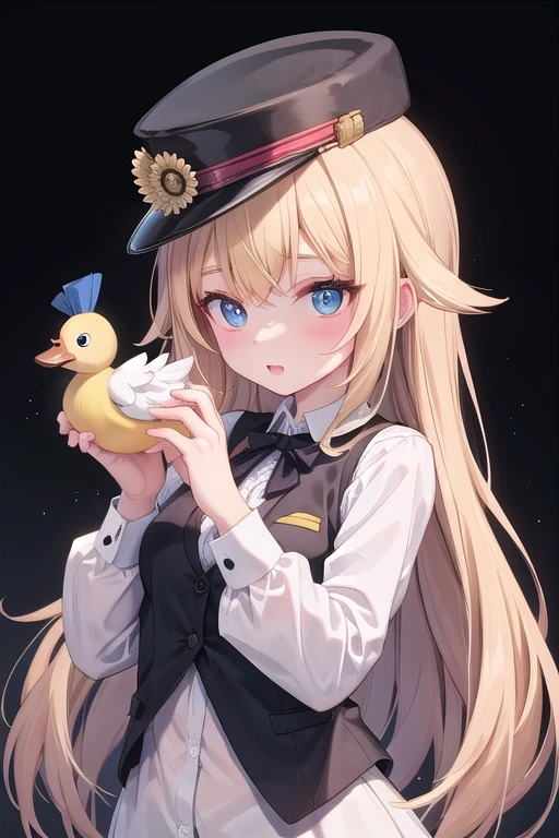 Animated duck with a hat and black vest