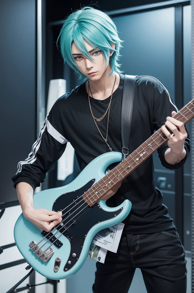 Create an anime character for me with aspects of an illegal runner. bass guitar, lean frame, blue eyes and hair with greenish tips at shoulder length. masculine, half twink.