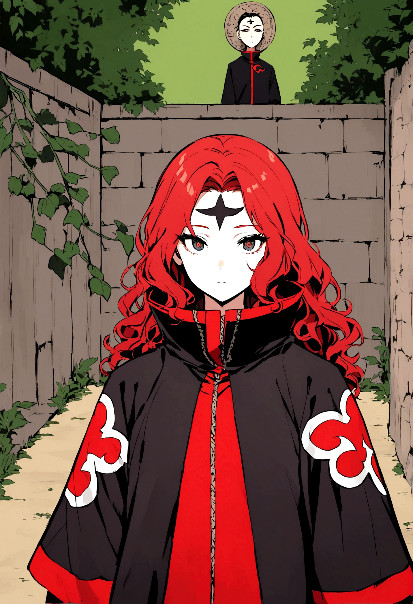 Redhead girl with wavy hair, with black eyeliner, visiting akatsuki outfit, with the sharingan in both eyes, On his forehead he wears a band with the village plaque between the leaves, She is facing the camera and behind her there is a red crocodile-shaped susan

