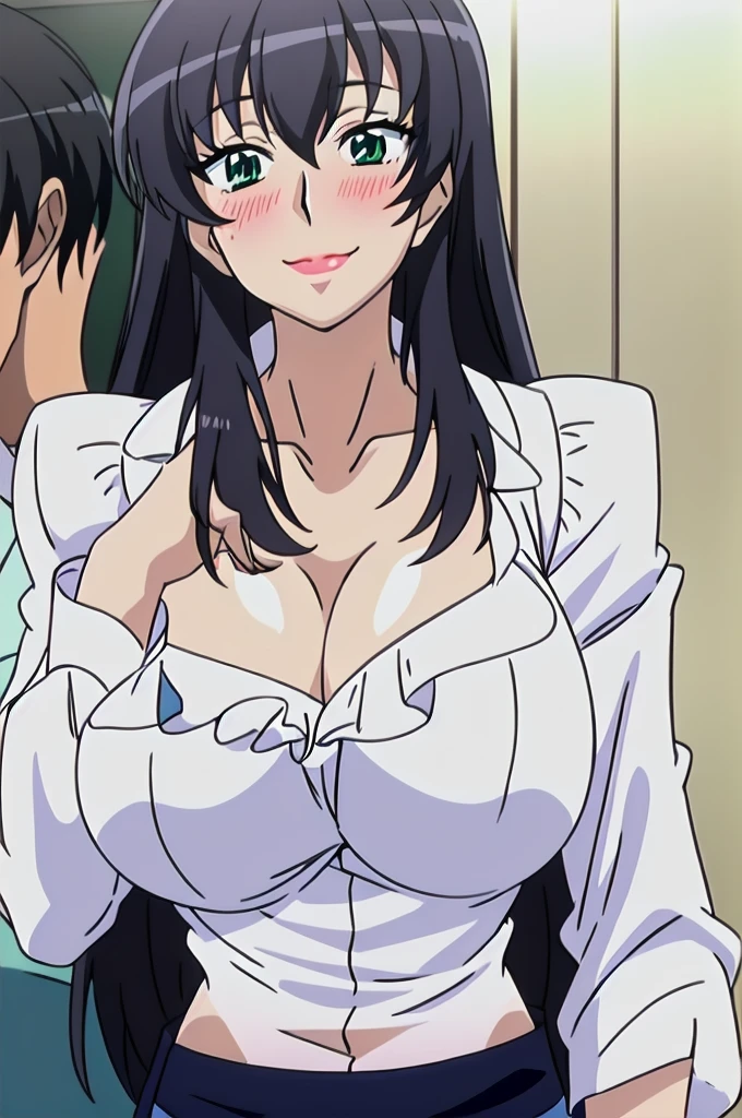 Morinoyuuko, wide, green eyes, big breasts, lipstick, white shirt with suggestive neckline and blue shorts, body average, 1 girl, Alone, pose that highlights the sexy chest, blushing, Upper part of the body, SMILE