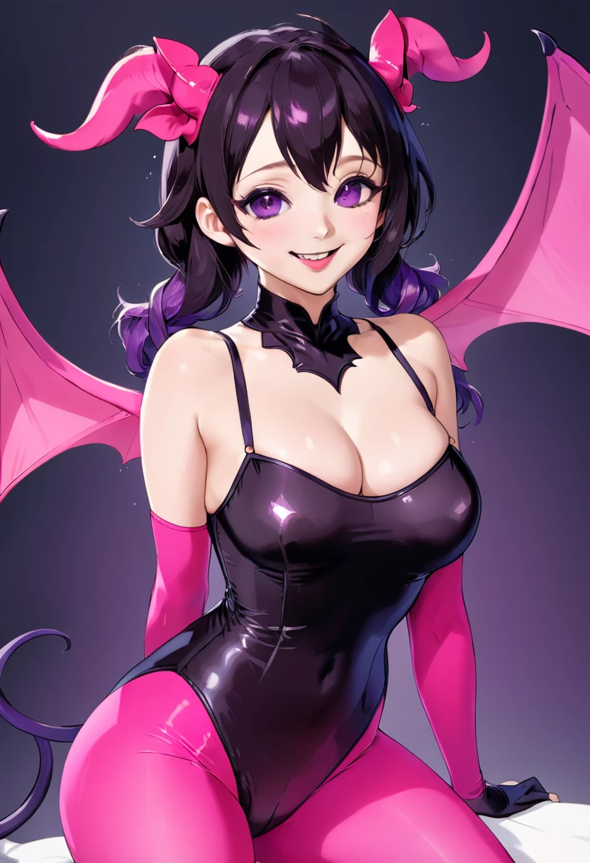 Highest quality Best image quality Adult-like body type Draw a face carefully High quality anime style faces Super shiny skin Black and purple leotard Pink Pantyhose Succubus Lure smile Rear View