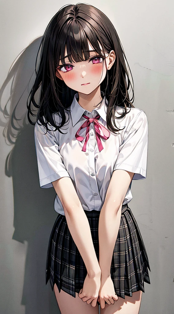(masterpiece, best quality),
1girl, standing, undressing, hands on chest, cowboy shot,,
BREAK girl, 18yo, (medium breasts:1.1), black hair, (medium hair:1.2), (curly hair:0.9), blunt bangs,
pink eyes, ultra detailed eyes,(tareme:1.1),
half-closed eyes, blush
BREAK (school uniform), (white collared shirt, plain pattern shirt, short sleeves, white sleeves, shirt tucked in:1.2), (red plain pattern neck ribbon, narrow neck ribbon:1.1), (open clothes:1.2),pink bra
BREAK (black and grey plaid pattern skirt:1), (pleated skirt, miniskirt:1.2),
BREAK office,