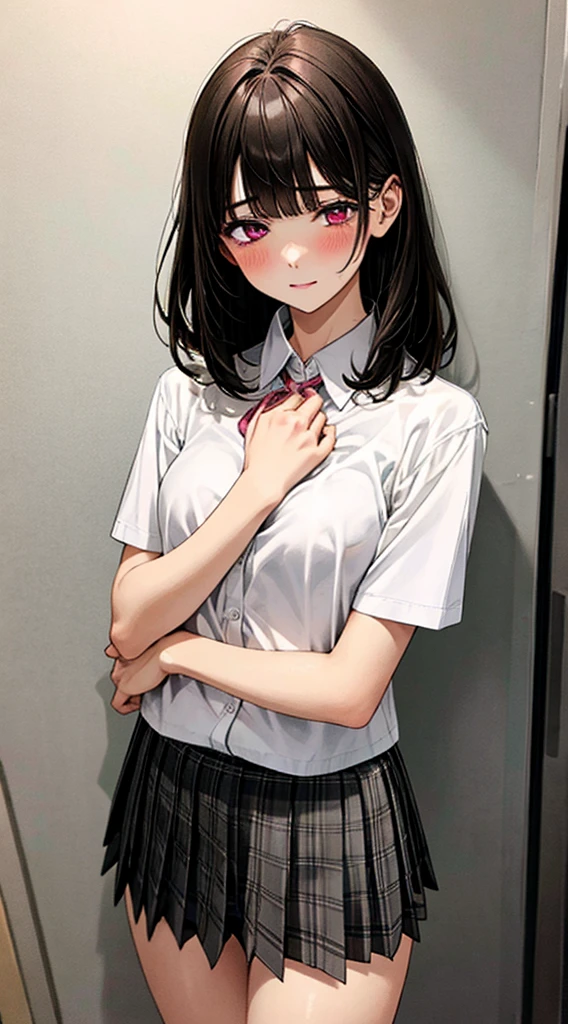(masterpiece, best quality),
1girl, standing, undressing, hands on chest, cowboy shot,,
BREAK girl, 18yo, (medium breasts:1.1), black hair, (medium hair:1.2), (curly hair:0.9), blunt bangs,
pink eyes, ultra detailed eyes,(tareme:1.1),
half-closed eyes, blush
BREAK (school uniform), (white collared shirt, plain pattern shirt, short sleeves, white sleeves, shirt tucked in:1.2), (red plain pattern neck ribbon, narrow neck ribbon:1.1), (open clothes:1.2),pink bra
BREAK (black and grey plaid pattern skirt:1), (pleated skirt, miniskirt:1.2),
BREAK office,