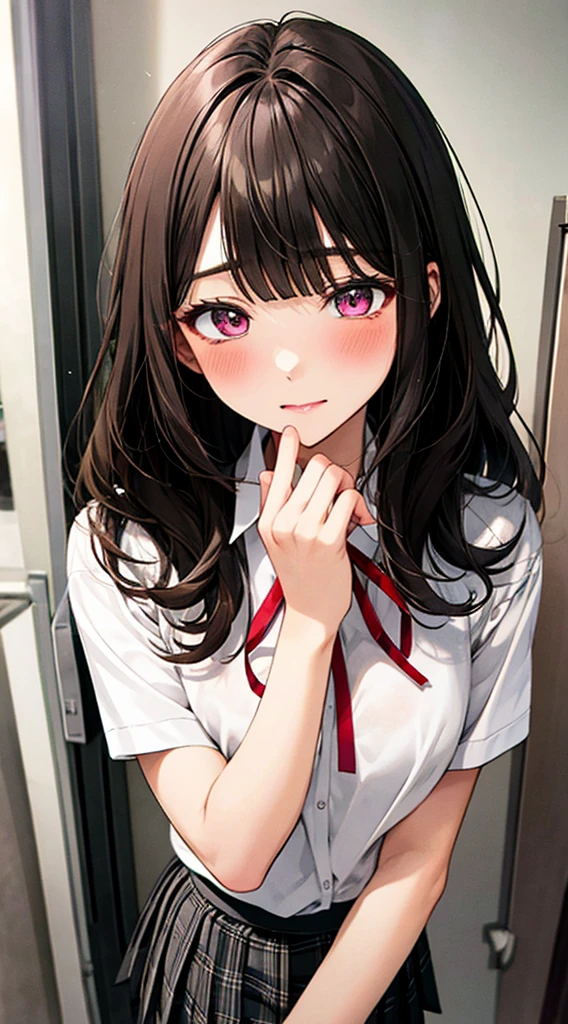 (masterpiece, best quality),
1girl, standing, undressing, hands on chest, cowboy shot,,

BREAK girl, 18yo, (medium breasts:1.1), black hair, (medium hair:1.2), (curly hair:0.9), blunt bangs,
pink eyes, ultra detailed eyes,(tareme:1.1),
half-closed eyes, blush


BREAK (school uniform), (white collared shirt, plain pattern shirt, short sleeves, white sleeves, shirt tucked in:1.2), (red plain pattern neck ribbon, narrow neck ribbon:1.1), (open clothes:1.2),pink bra
BREAK (black and grey plaid pattern skirt:1), (pleated skirt, miniskirt:1.2),

BREAK office,