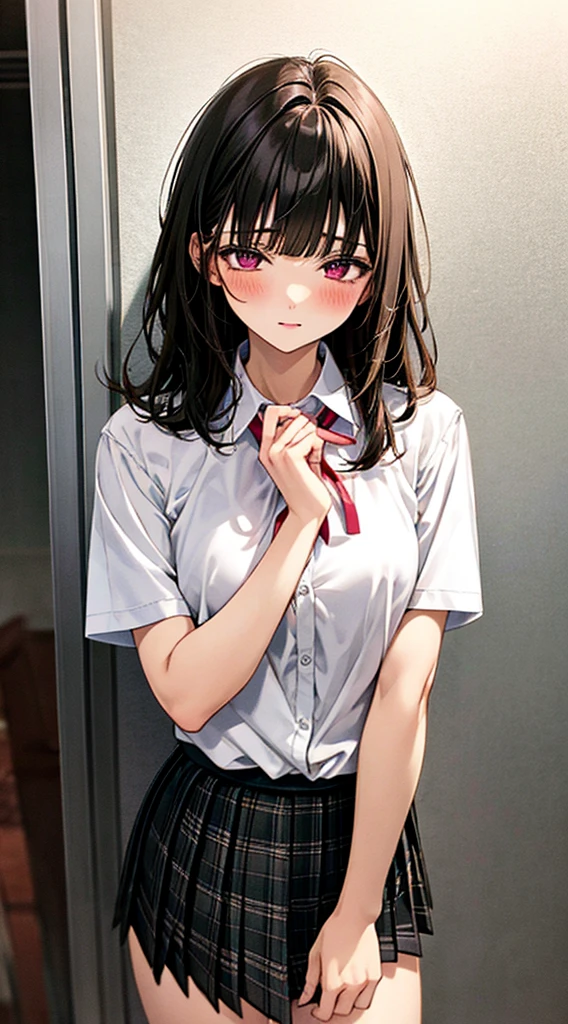 (masterpiece, best quality),
1girl, standing, undressing, hands on chest, cowboy shot,,

BREAK girl, 18yo, (medium breasts:1.1), black hair, (medium hair:1.2), (curly hair:0.9), blunt bangs,
pink eyes, ultra detailed eyes,(tareme:1.1),
half-closed eyes, blush


BREAK (school uniform), (white collared shirt, plain pattern shirt, short sleeves, white sleeves, shirt tucked in:1.2), (red plain pattern neck ribbon, narrow neck ribbon:1.1), (open clothes:1.2),pink bra
BREAK (black and grey plaid pattern skirt:1), (pleated skirt, miniskirt:1.2),

BREAK office,