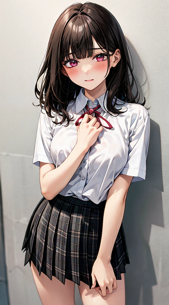 (masterpiece, best quality),
1girl, standing, undressing, hands on chest, cowboy shot,,
BREAK girl, 18yo, (medium breasts:1.1), black hair, (medium hair:1.2), (curly hair:0.9), blunt bangs,
pink eyes, ultra detailed eyes,(tareme:1.1),
half-closed eyes, blush
BREAK (school uniform), (white collared shirt, plain pattern shirt, short sleeves, white sleeves, shirt tucked in:1.2), (red plain pattern neck ribbon, narrow neck ribbon:1.1), (open clothes:1.2),pink bra
BREAK (black and grey plaid pattern skirt:1), (pleated skirt, miniskirt:1.2),
BREAK office,