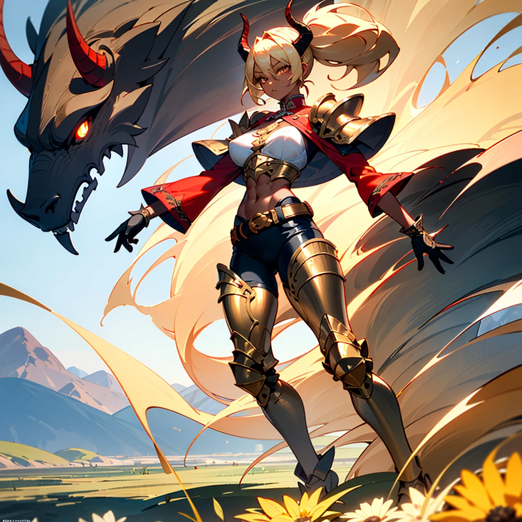 ((best quality)), ((masterpiece)), (detailed), 1girl, 8k_wallpaper, extremely detailed eyes, extremely detailed body, (large masterpiece digital art), ((perfect anatomy huge chest)), (intricate details:1.3), (ultra-detailed:1.3), (sharp focus:1.3), (natural lighting:1.05), (vivid colors:1.3), (best quality:1.4), high quality, expressive eyes, full body, tall girl, detailed face, beautiful face, perfect face, detailed ((blonde hair)), (gold eyes), ((big red horns)), {{dark skin}}, ({dark skinned female}), gigantic breasts, thick thighs, a young Korean woman, (with golden eyes), (ponytail), {tanned dark bronze skins), powerful sculpted leg muscles, powerful sculpted arm muscles, powerful sculpted abdominal muscles, sculpted thigh muscles, wears a red coat with rolled up sleeves, gold-colored steel heavy armor, a wide red leather belt with silver thread, leather pants with steel thigh guards, leather steel gloves, a dryad with dragon blood in a dark fantasy style walks along a flower meadow on the distant mountains in the background of mountains,