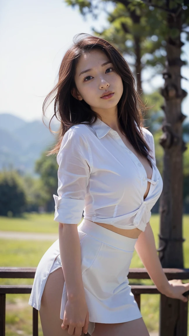((Extremely precise and accurate anatomy)), (((Low angle shooting、Looking into the camera:1.22,Leaning forward、Open shirt、No underwear)))、(((8K、Highest quality、masterpiece、Ultra-high resolution)))、(Realistic:1.4)、RAW Photos、(Real skin texture:1.3)、(Film Grain:1.1)、((Are standing、Skirt flutters in strong winds、Under the skirt、Do not bend your legs、don't bend your knees、Spread your thighs、Beachside、))、One Girl、Beautiful and detailed eyes and face、masterpiece、Highest quality、close、thin、Japanese Uniform、dynamic、barefoot、Various poses、