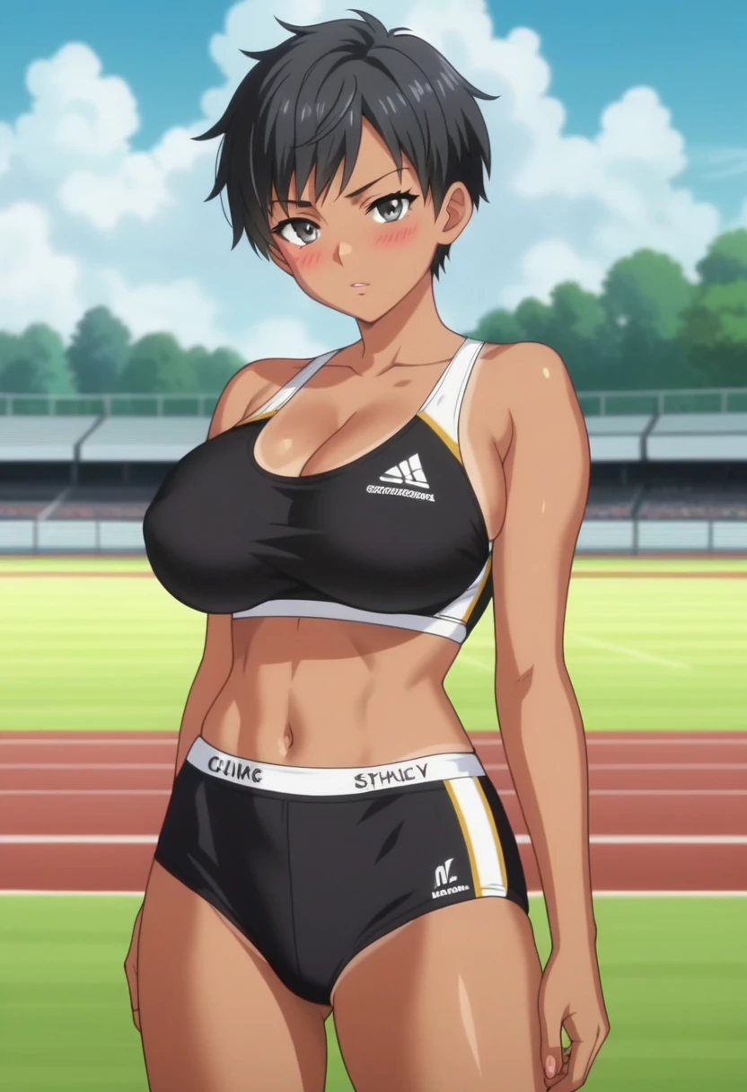 score_6_up, anime screencap, 1girl, short hair, black hair, big breasts, tanned skin, blush, from front, looking at viewer, standing, wearing black Track and Field Uniforms, navel, bedroom