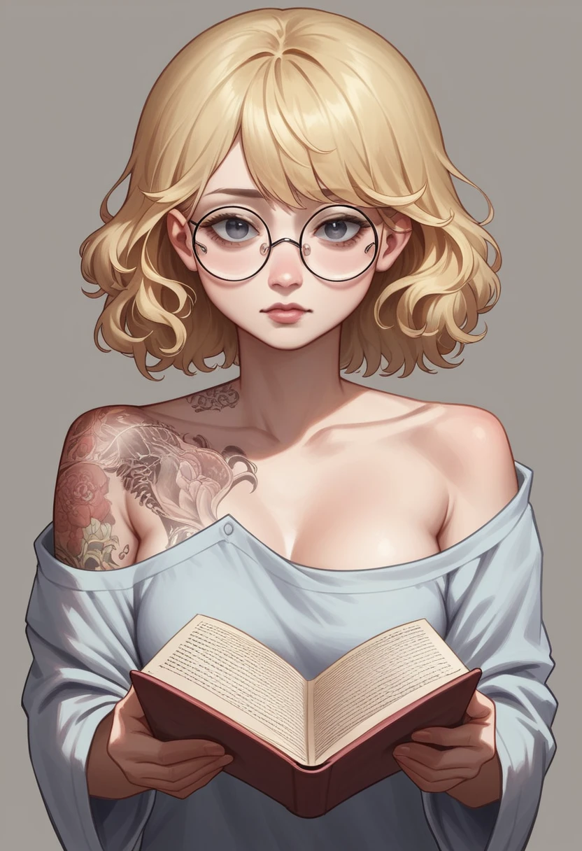 best qualityer, work of art, ultra high resolution, photorrealistic, 1 girl, Off The Shoulder, ssmile, Round face, square reading glasses, , short wavy blonde hair, eyes browns, tattoo written “amor vincit ominia on the left collarbone, tattoo of an open-mouthed snake on the right collarbone.