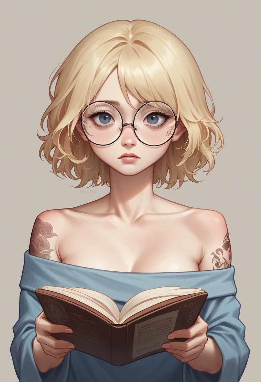 best qualityer, work of art, ultra high resolution, photorrealistic, 1 girl, Off The Shoulder, ssmile, Round face, square reading glasses, , short wavy blonde hair, eyes browns, tattoo written “amor vincit ominia on the left collarbone, tattoo of an open-mouthed snake on the right collarbone.