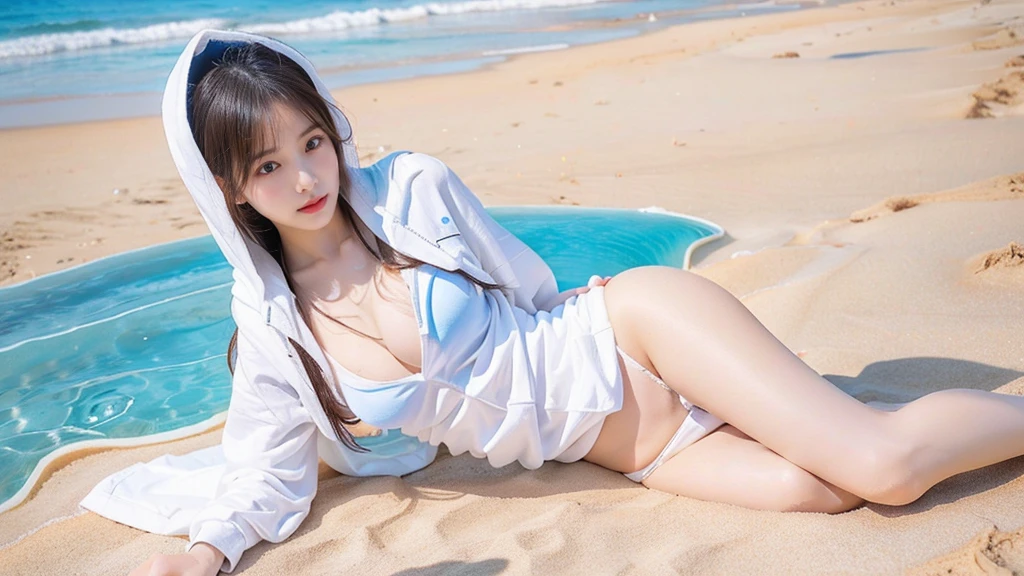 best resolution, Wearing a white hoodie in the clear blue sea、woman wearing thong panties、lying on the sandy beach。her hair is long、shine white、cute hairstyle