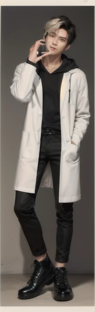 (photorealistic:1.2), (high detail face:1.3), (high detail hands:1.3), (anatomically correct hands:1.2), handsome young asian man, Japanese idol style, short clean-cut hair, ((center part)), (crisp white lab coat:1.3), ((black hoodie underneath:1.2)), (black pants:1.2), (black shoes:1.2), calm confident expression, (holding a product in right hand:1.3), (pointing with left index finger:1.3), explaining pose, plain white background, mid-shot portrait, full body view, high quality, detailed, 8K, (realistic skin texture:1.2), (sharp focus:1.1), (contrast between white coat and black clothing:1.2)