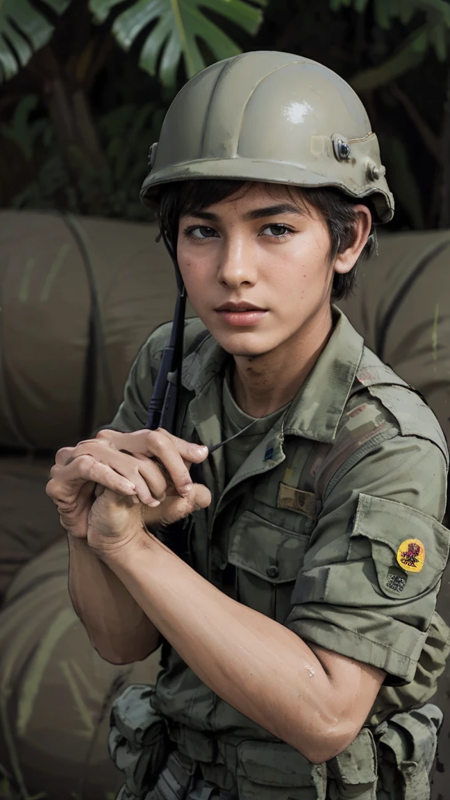 (masterpiece), best quality, expressive eyes, perfect face, All quiet on Indochina Front, man, sandbags, dirty, uniform, realistic, HD, Rifle M16, United States, American man, helmet, Vietnam, imperial, full body, bush, Vietnam war