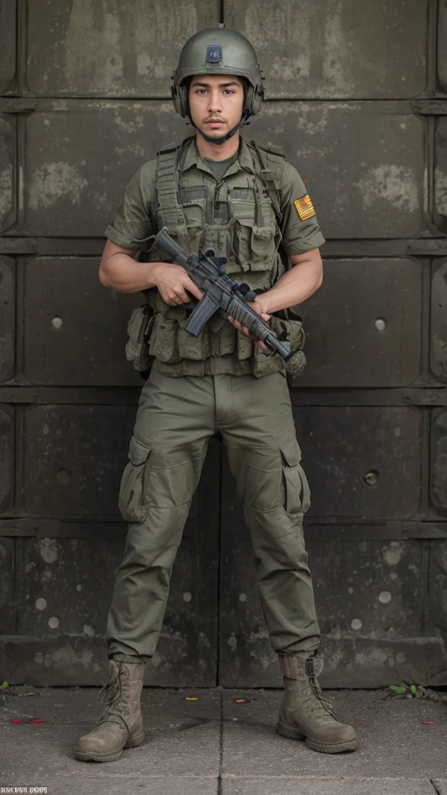 (masterpiece), best quality, expressive eyes, perfect face, All quiet on Indochina Front, man, sandbags, dirty, uniform, realistic, HD, Rifle M16, United States, American man, helmet, Vietnam, imperial, full body, bush, Vietnam war