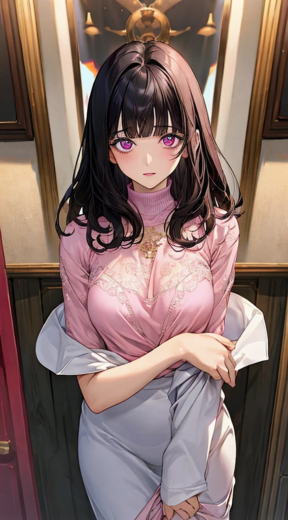 (masterpiece, best quality),
1girl, standing, undressing, hands on chest, cowboy shot,,

BREAK girl, 18yo, (medium breasts:1.1), black hair, (medium hair:1.2), (curly hair:0.9), blunt bangs,
pink eyes, ultra detailed eyes,(tareme:1.1),
half-closed eyes, blush


BREAK (school uniform), (white collared shirt, plain pattern shirt, short sleeves, white sleeves, shirt tucked in:1.2), (red plain pattern neck ribbon, narrow neck ribbon:1.1), (open clothes:1.2),pink bra
BREAK (black and grey plaid pattern skirt:1), (pleated skirt, miniskirt:1.2),

BREAK office,