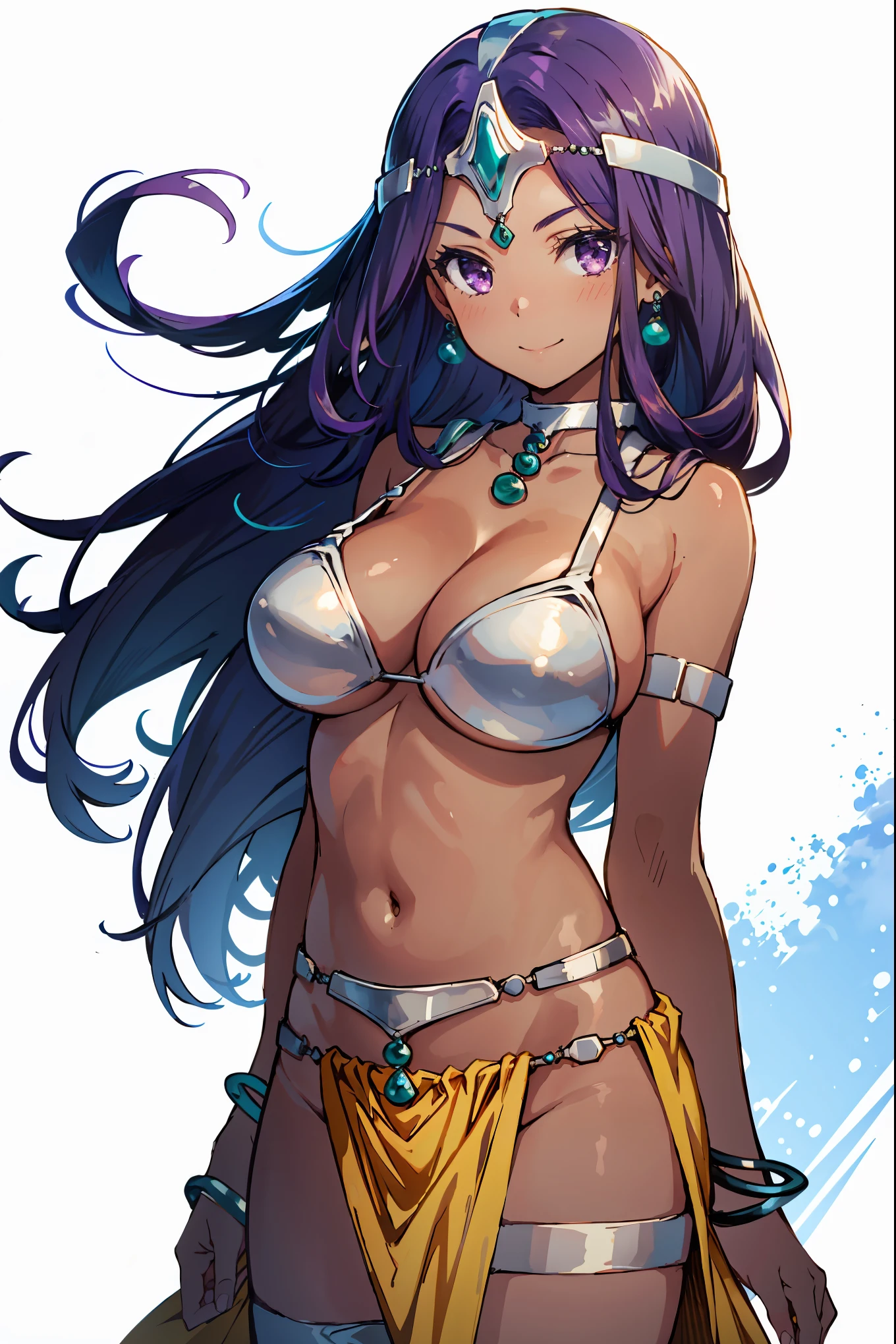 1girl, solo, dqManya, white background, cowboy shot, purple hair, bikini, loincloth, large breasts, cleavage, soft stomach, circlet, earrings, choker, bracelet, armlet, closed mouth, smile, blush