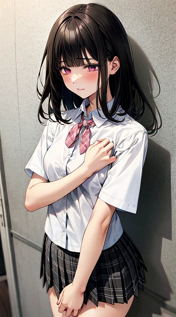 (masterpiece, best quality),
1girl, standing, undressing, hands on chest, cowboy shot,,
BREAK girl, 18yo, (medium breasts:1.1), black hair, (medium hair:1.2), (curly hair:0.9), blunt bangs,
pink eyes, ultra detailed eyes,(tareme:1.1),
half-closed eyes, blush
BREAK (school uniform), (white collared shirt, plain pattern shirt, short sleeves, white sleeves, shirt tucked in:1.2), (red plain pattern neck ribbon, narrow neck ribbon:1.1), (open clothes:1.2),pink bra
BREAK (black and grey plaid pattern skirt:1), (pleated skirt, miniskirt:1.2),
BREAK office,