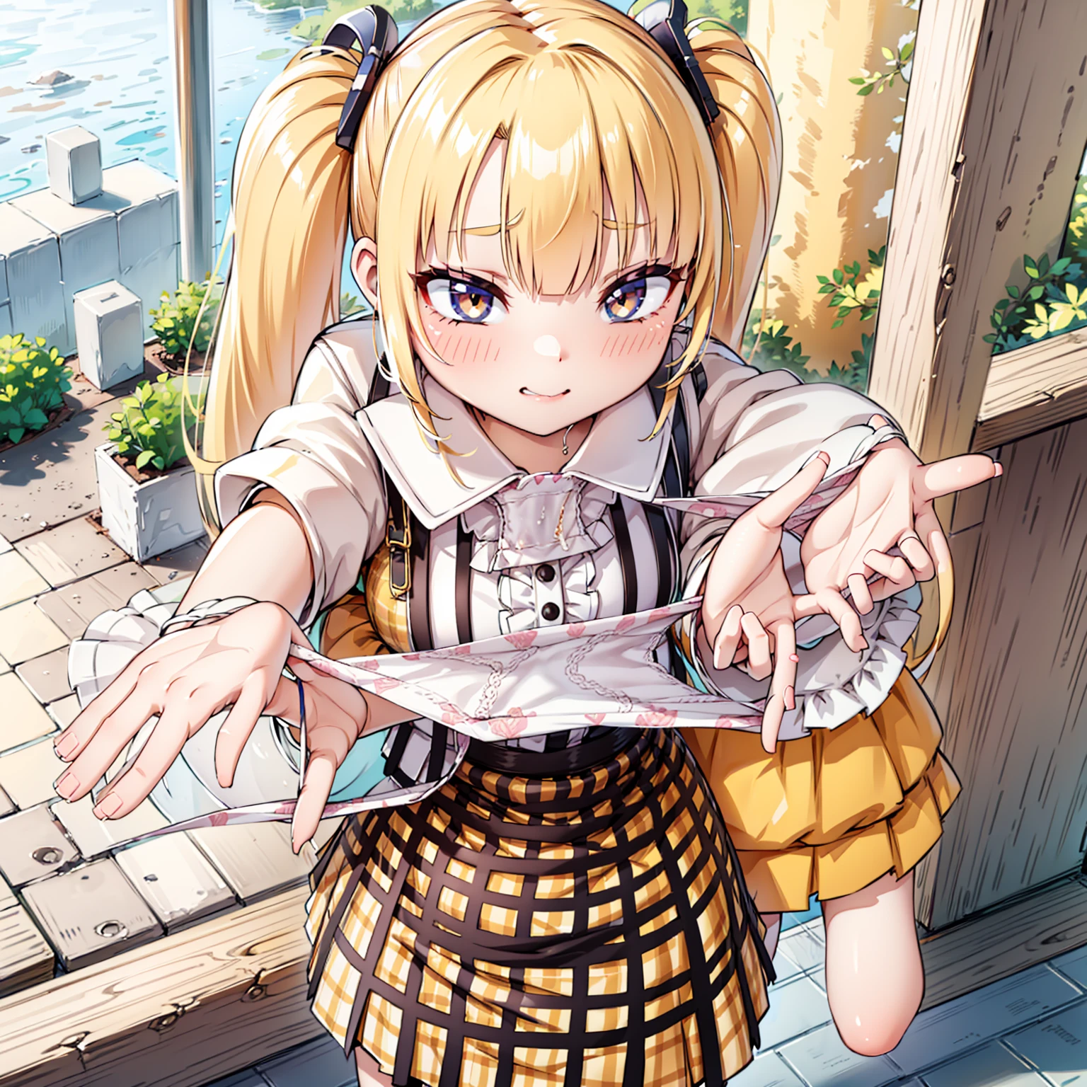 blonde, {{{Half Twin Tail:1.3}}}、shirt, blush, white shirt, hair ornaments, Manicure, Plaid skirt, Pleated skirt,
,Pay attention to the panties,
Looking down,View your audience,Panties as a gift,Tabletop, Highest quality, Perfect Skin, Detailed skin texture, Super detailed, 8K, Intricate details, Beautifully detailed face,High resolution,
 Looking down at the viewer, masterpiece, (Panties are stained with pee)、(Pussy、Love Juice)、(body odor),perfect hands