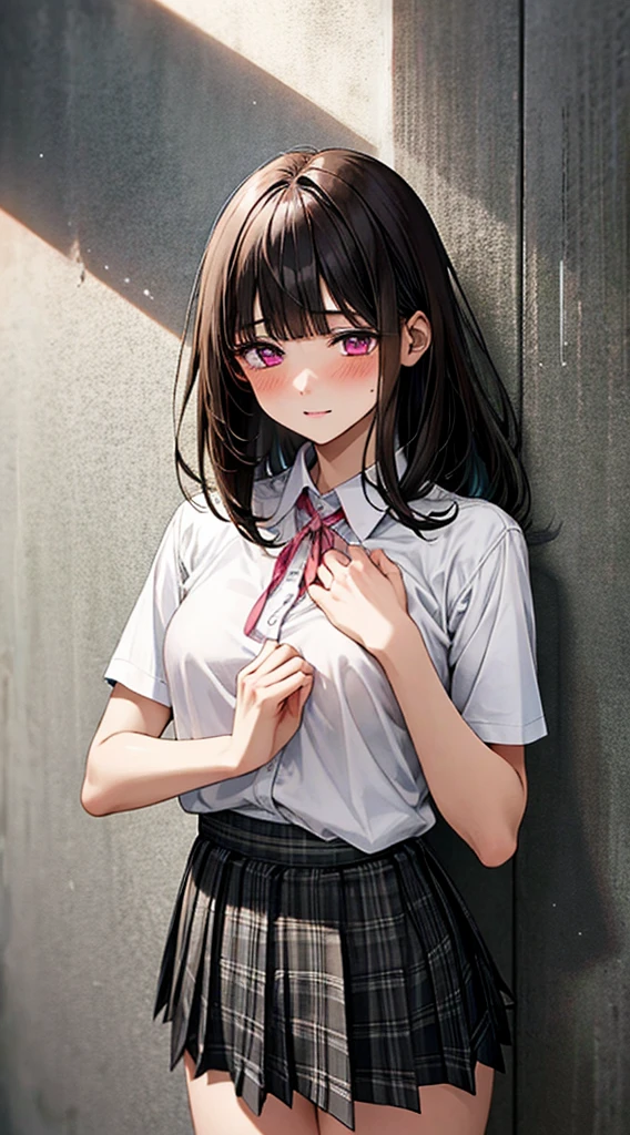 (masterpiece, best quality),
1girl, standing, undressing, hands on chest, cowboy shot,,
BREAK girl, 18yo, (medium breasts:1.1), black hair, (medium hair:1.2), (curly hair:0.9), blunt bangs,
pink eyes, ultra detailed eyes,(tareme:1.1),
half-closed eyes, blush
BREAK (school uniform), (white collared shirt, plain pattern shirt, short sleeves, white sleeves, shirt tucked in:1.2), (red plain pattern neck ribbon, narrow neck ribbon:1.1), (open clothes:1.2),pink bra
BREAK (black and grey plaid pattern skirt:1), (pleated skirt, miniskirt:1.2),
BREAK office,