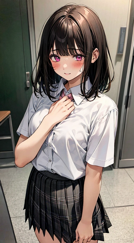 (masterpiece, best quality),
1girl, standing, undressing, hands on chest, cowboy shot,,
BREAK girl, 18yo, (medium breasts:1.1), black hair, (medium hair:1.2), (curly hair:0.9), blunt bangs,
pink eyes, ultra detailed eyes,(tareme:1.1),
half-closed eyes, blush
BREAK (school uniform), (white collared shirt, plain pattern shirt, short sleeves, white sleeves, shirt tucked in:1.2), (red plain pattern neck ribbon, narrow neck ribbon:1.1), (open clothes:1.2),pink bra
BREAK (black and grey plaid pattern skirt:1), (pleated skirt, miniskirt:1.2),
BREAK office,