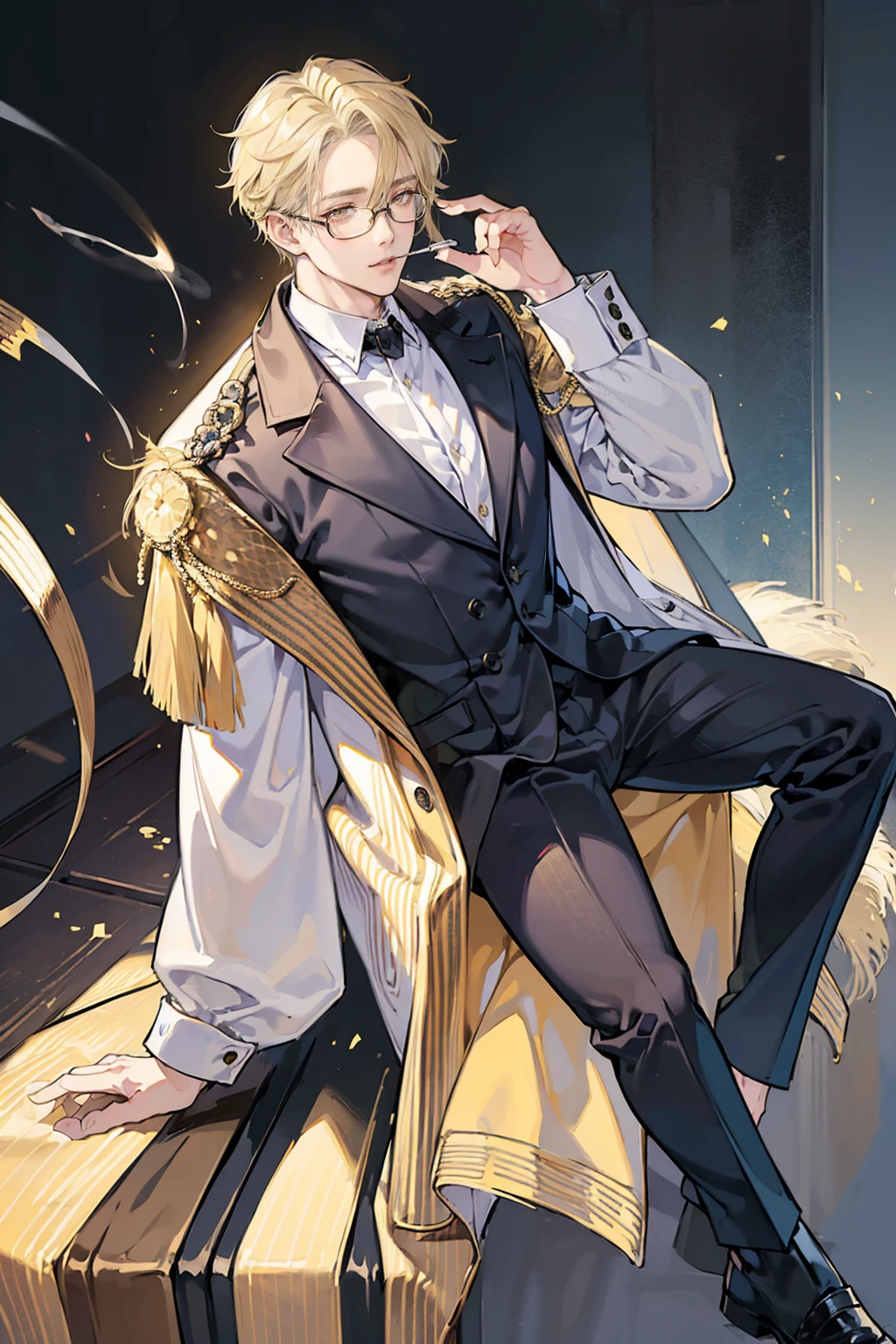 (masterpiece), best quality, seductive eyes, mature face, handsome man, yellow eyes, mid length blonde hair, full bangs covering his forehead, white shirt, black pants, black coat, broad shoulders, anime cover, 1boy, masculine, glasses, hirotaka nifuji, smoking, full body, long legs, tall