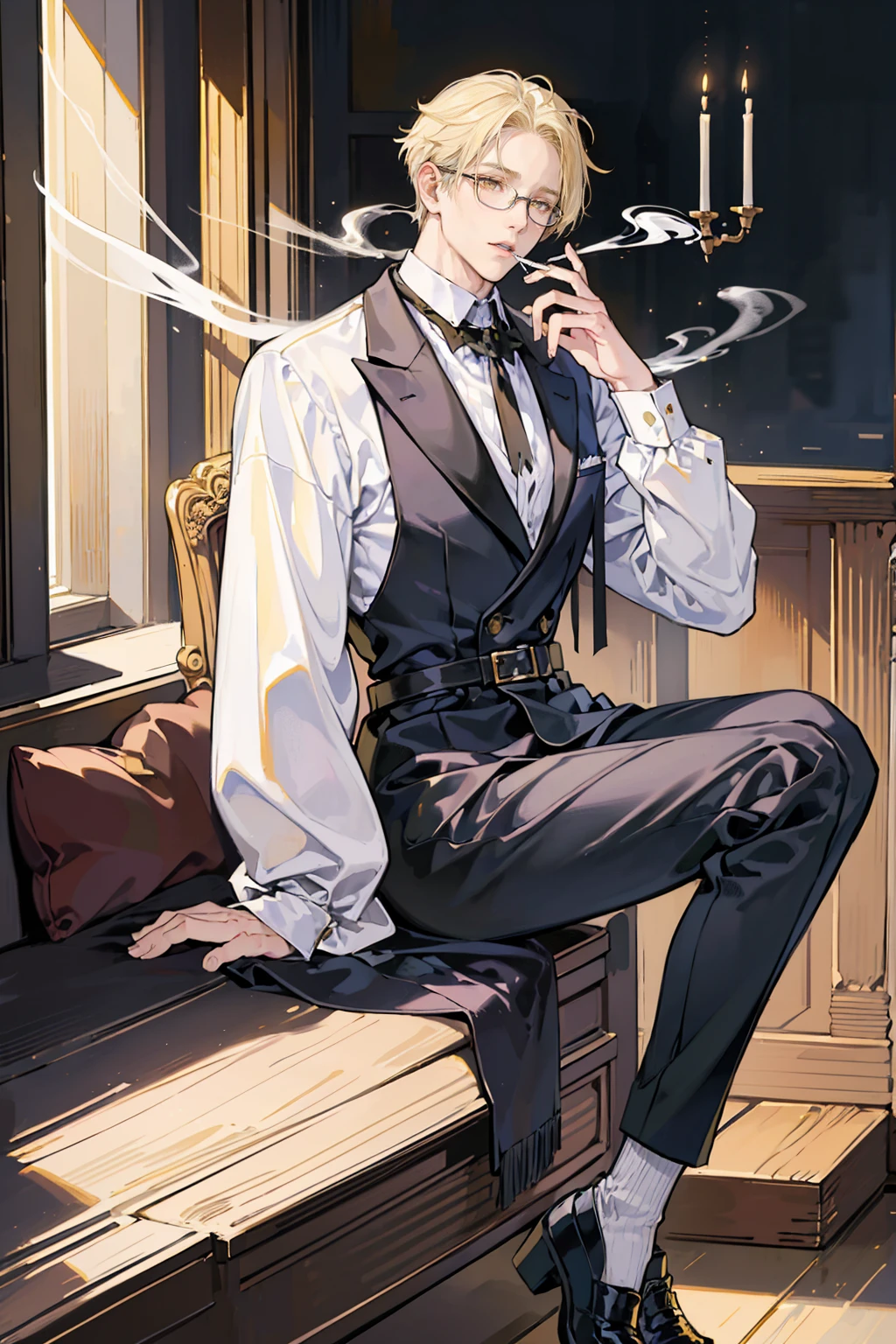 (masterpiece), best quality, seductive eyes, mature face, handsome man, yellow eyes, mid length blonde hair, full bangs covering his forehead, white shirt, black pants, black coat, broad shoulders, anime cover, 1boy, masculine, glasses, hirotaka nifuji, smoking, full body, long legs, tall