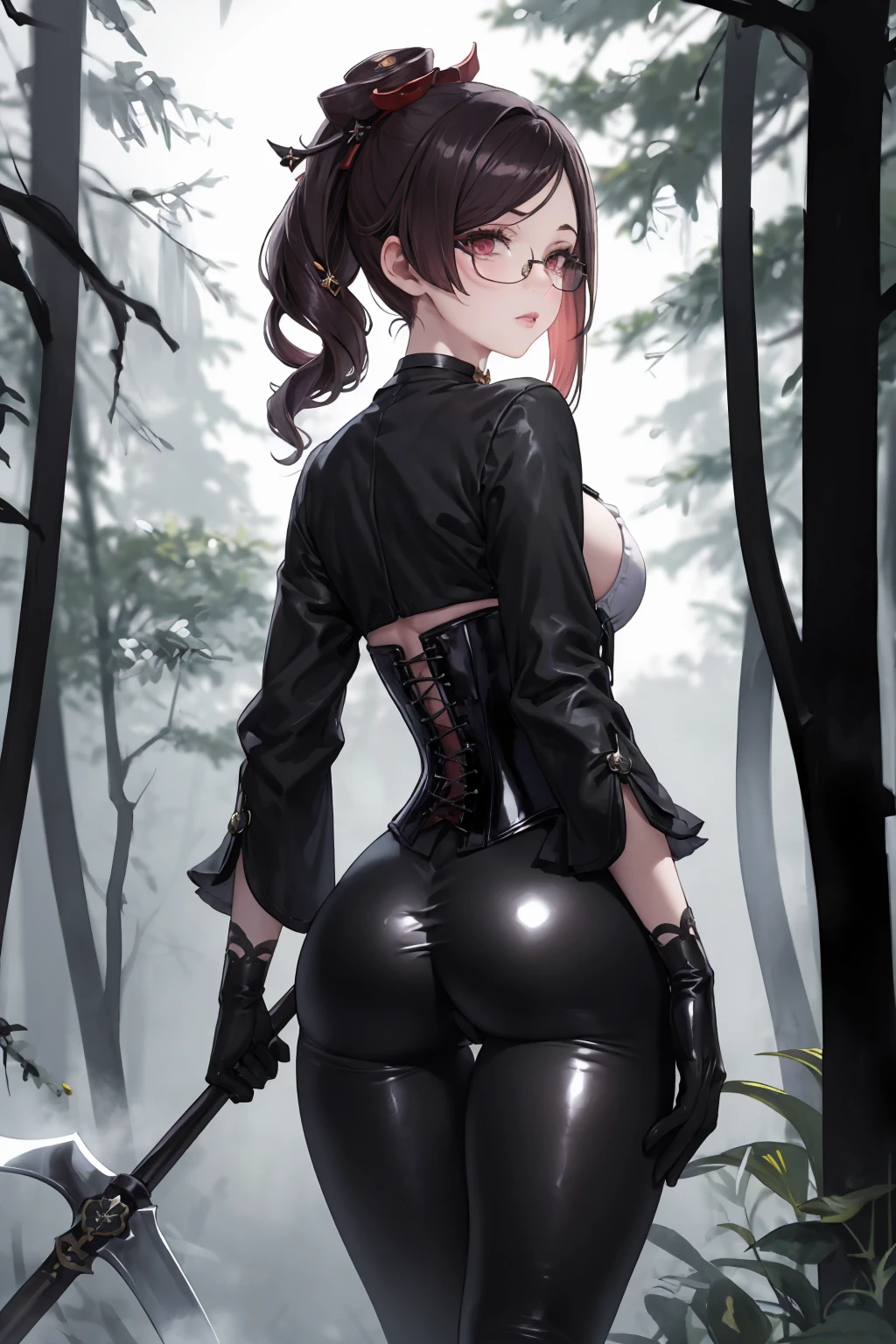 Masterpiece, Beautiful art, professional artist, 8k, Very detailed face, Detailed clothing, detailed fabric, 1 girl, Chiori \(genshin impact\), view from behind, perfect ass, standing, perfectly drawn body, big breasts, shy expression, pale skin, beautiful face, long black hair, 4k eyes, very detailed eyes, pink cheeks, glasses, choker:1.6, (white collar button down long sleeve shirt), black gloves, gloves that cover hands, (holds an ax with his right hand), (black leather corset), (shiny black leggings), Sensual Lips , evening de invierno, show details in the eyes, looking at the viewer, Dark road, dark forest, evening, Atmosphere, fog