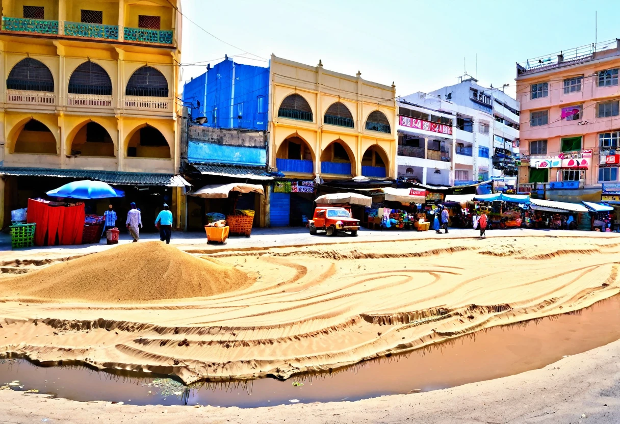 market,noon,City,There is a little bit of sand,road