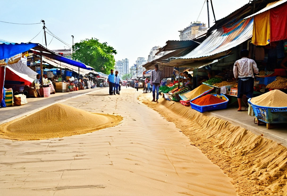 market,noon,City,There is a little bit of sand,road